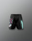 Black athletic shorts with colorful designs on a gray background