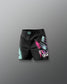 Black athletic shorts with colorful designs on a gray background