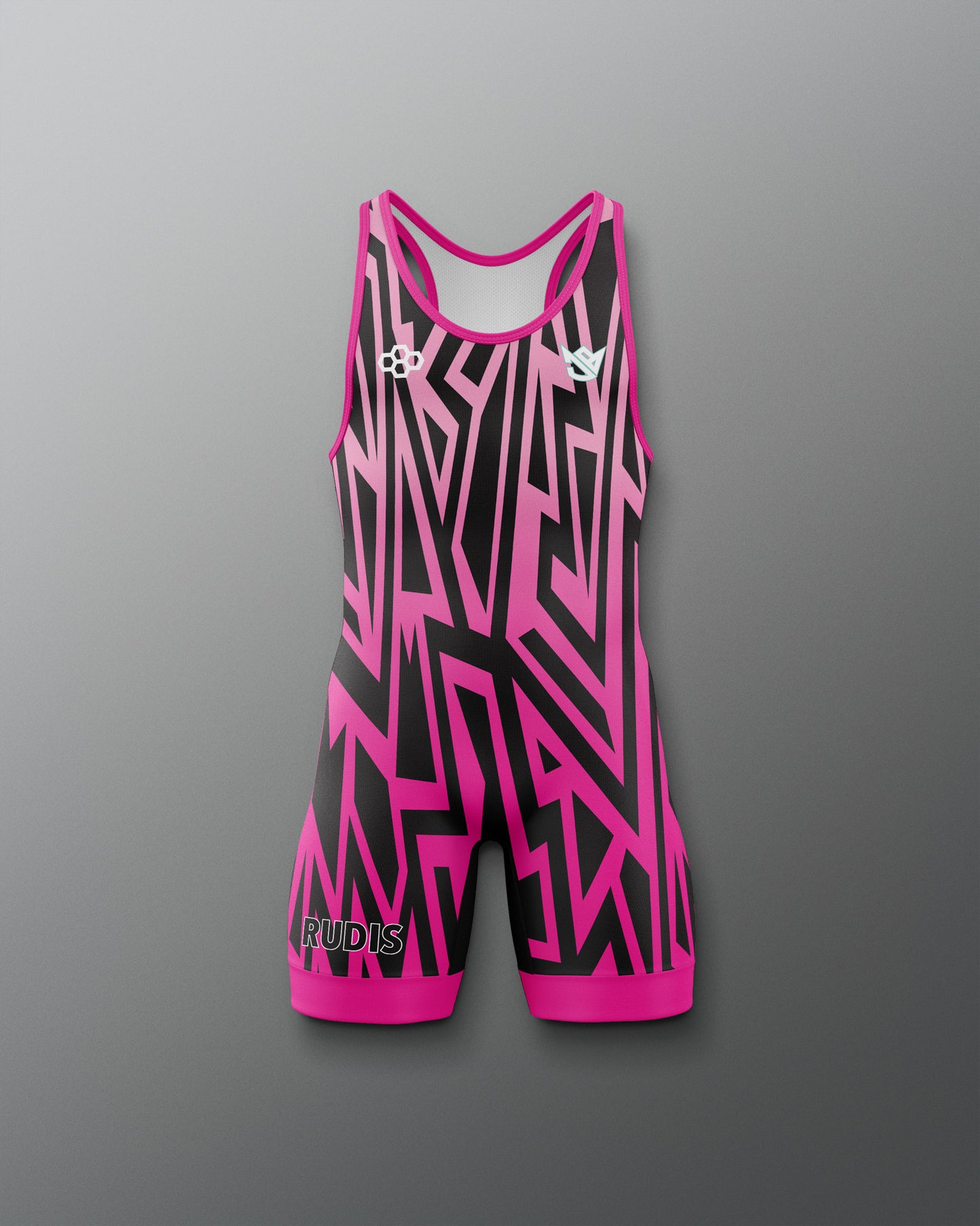 Pink and black athletic suit with geometric pattern on a gray background