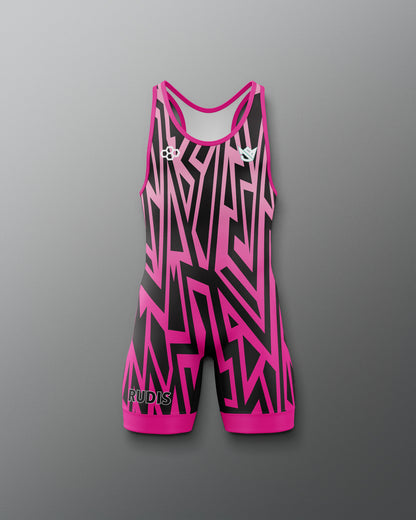 Pink and black athletic suit with geometric pattern on a gray background