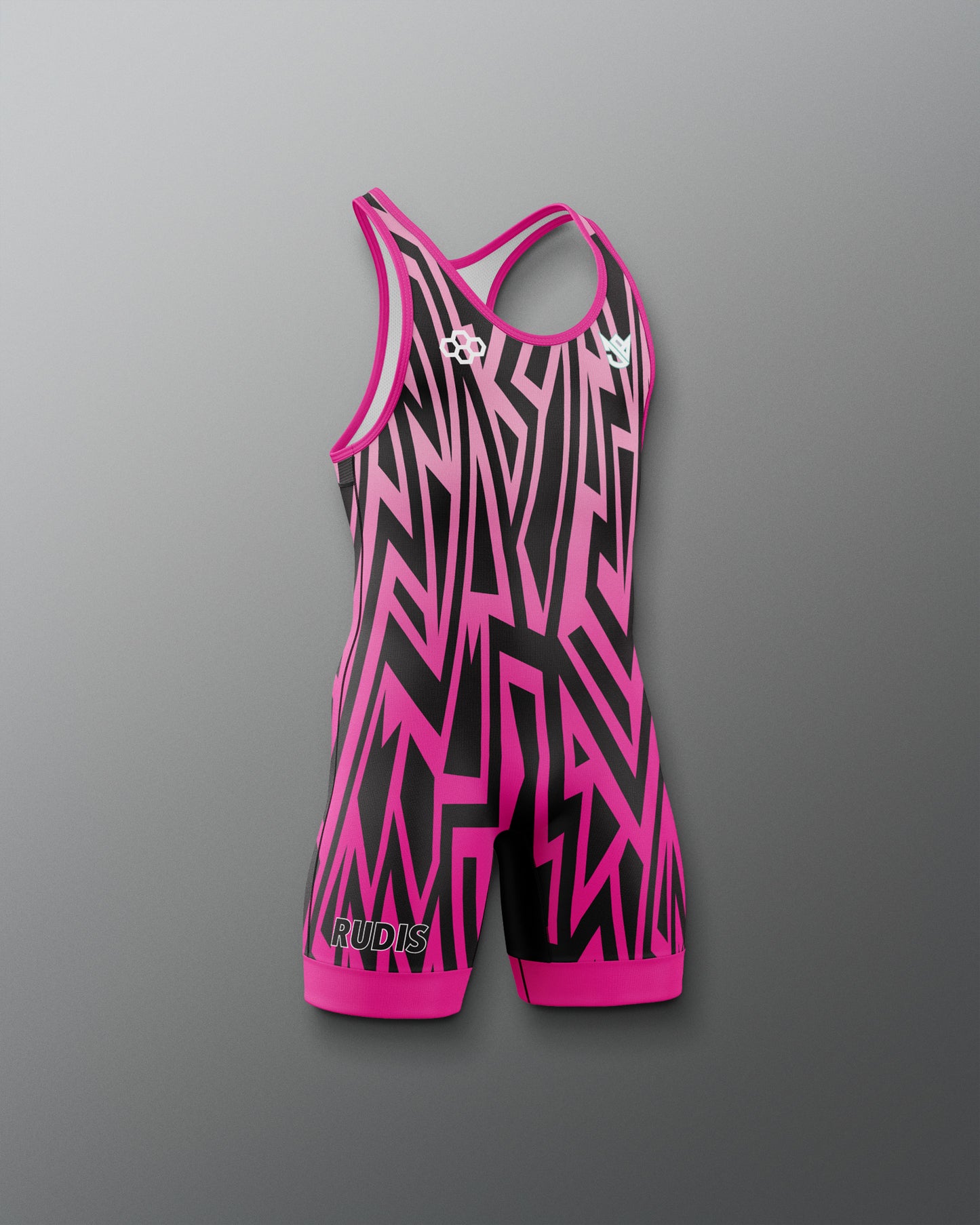 Pink and black athletic suit with brand logo on a gray background