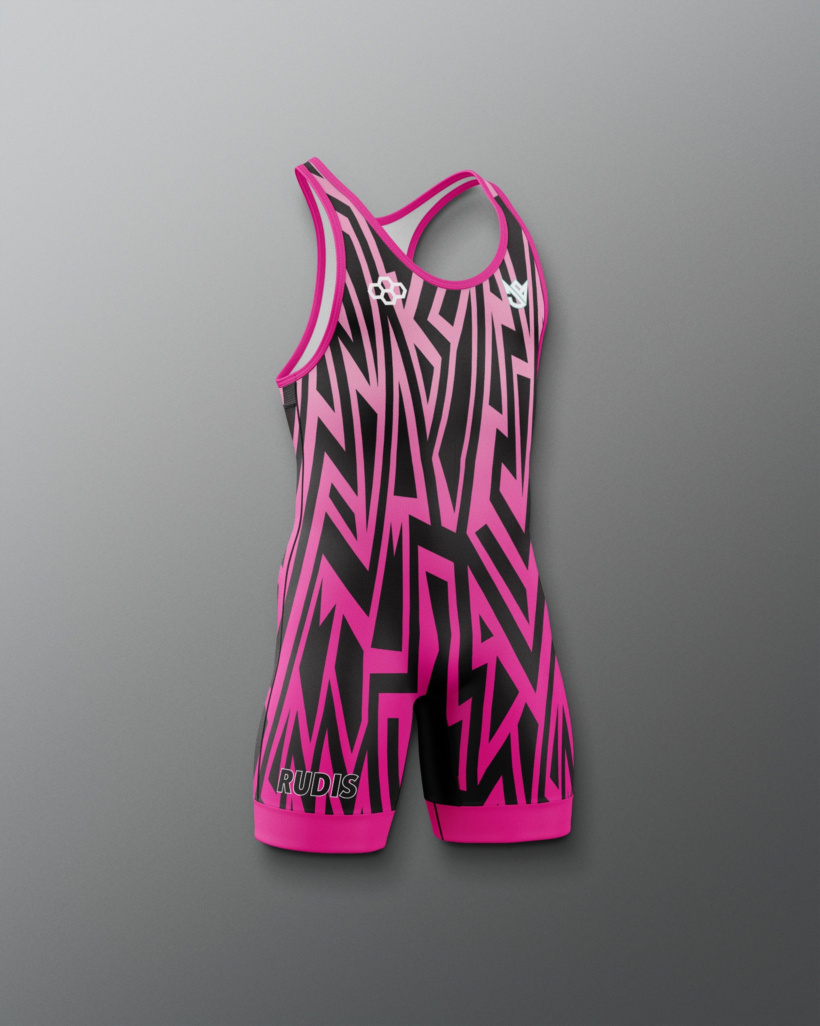 Pink and black athletic suit with brand logo on a gray background