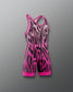 Pink and black athletic suit with brand logo on a gray background