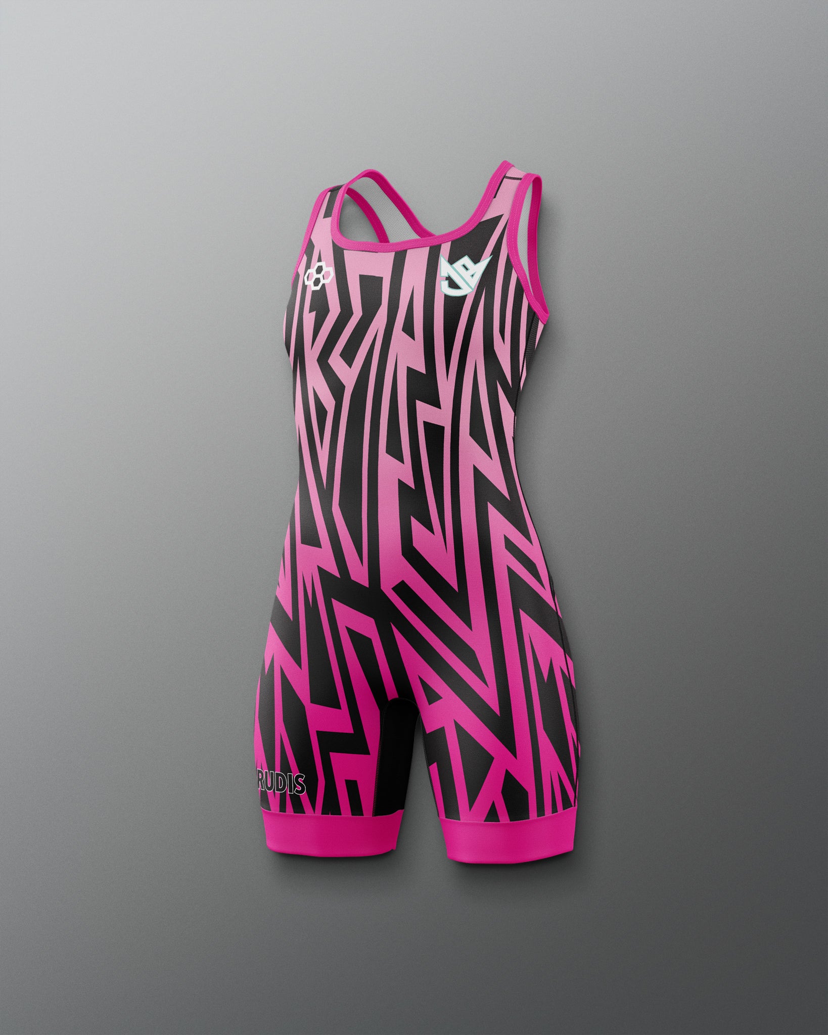 Pink and black patterned swimsuit on a gray background