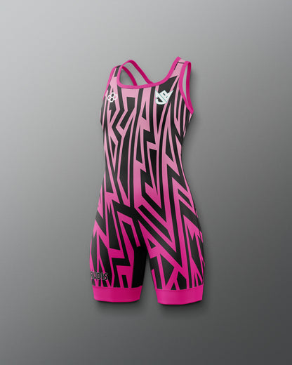Pink and black patterned swimsuit on a gray background