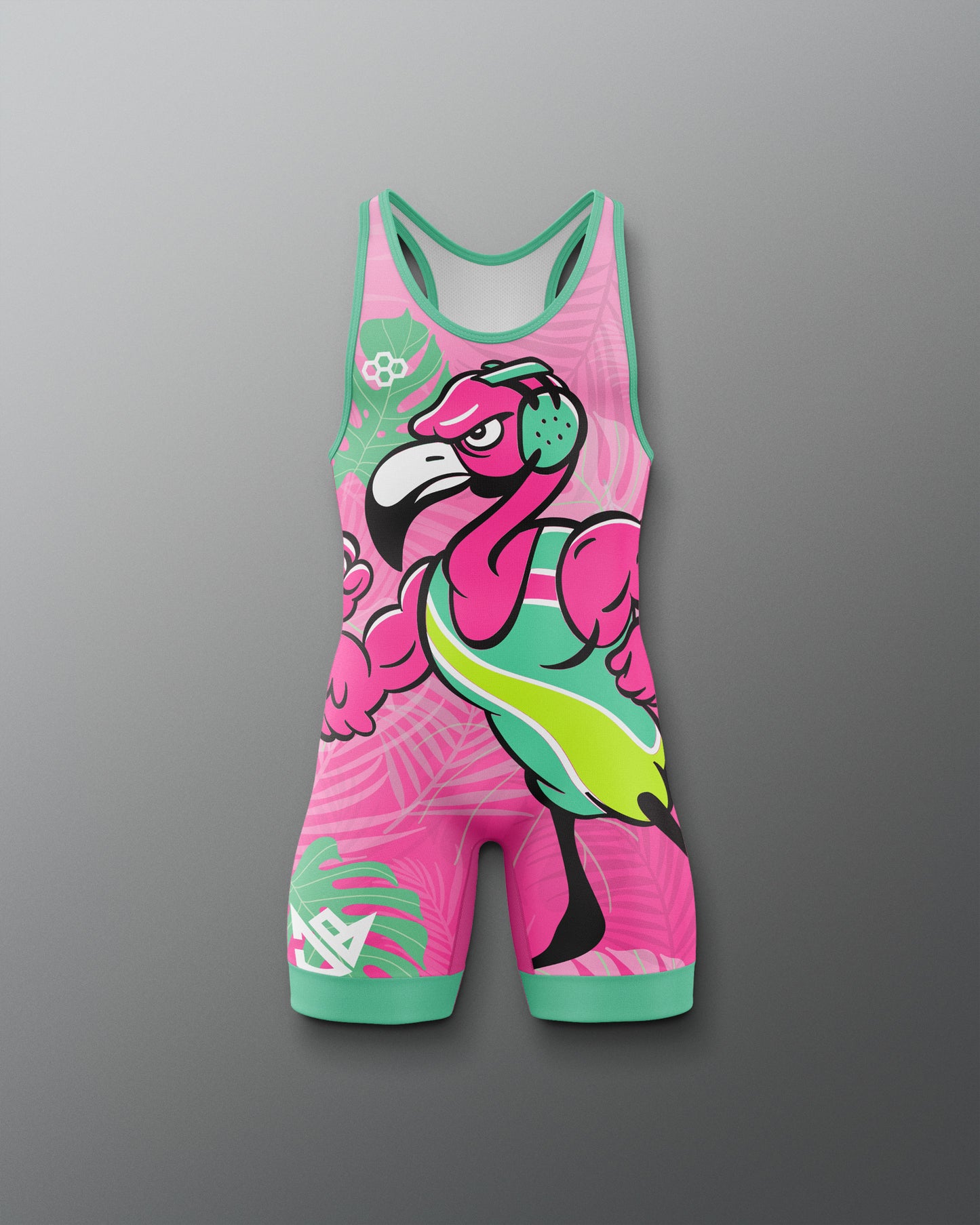 Pink and green flamingo-themed wrestling singlet on a gray background