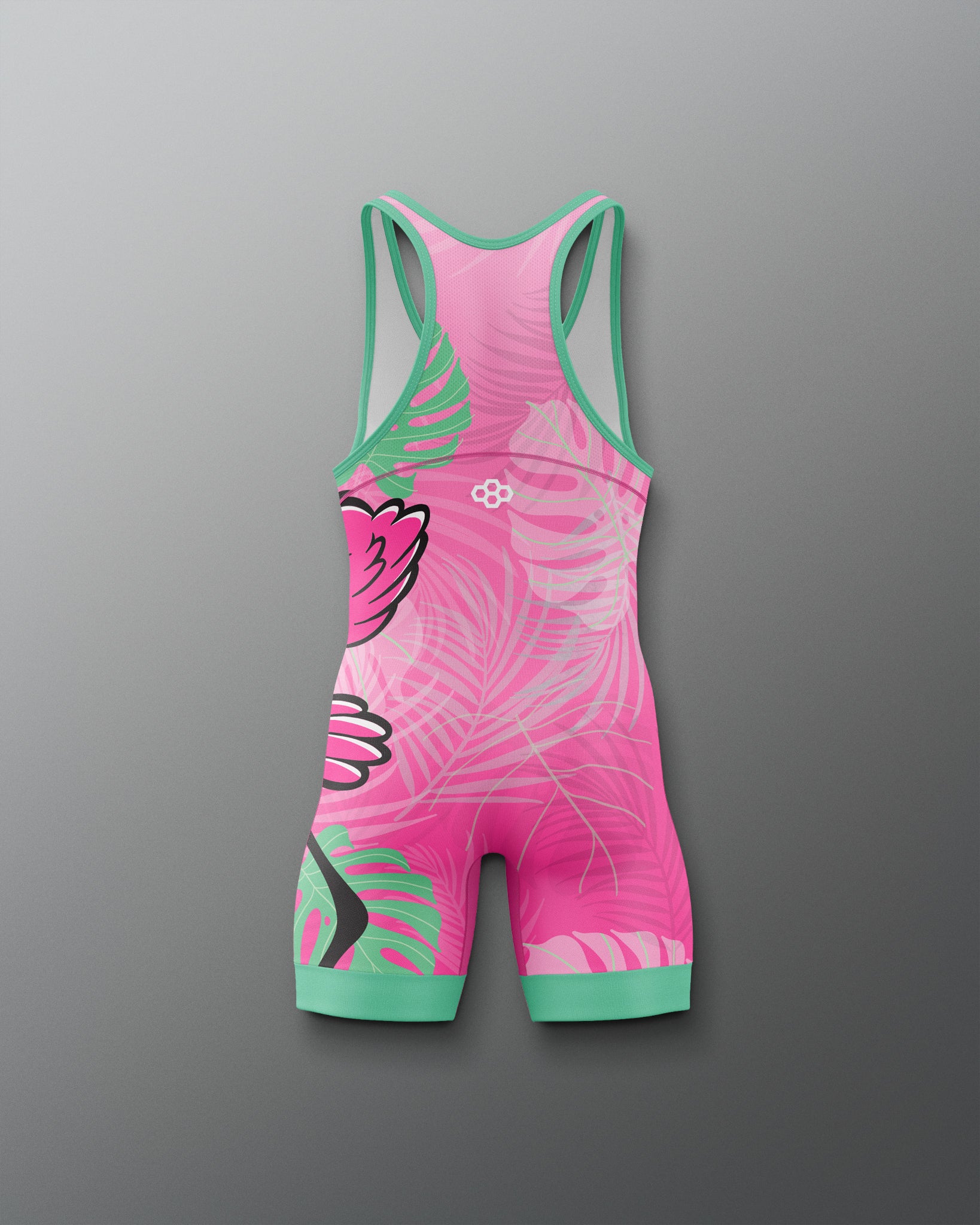 Pink and green wrestling singlet with floral design on a gray background