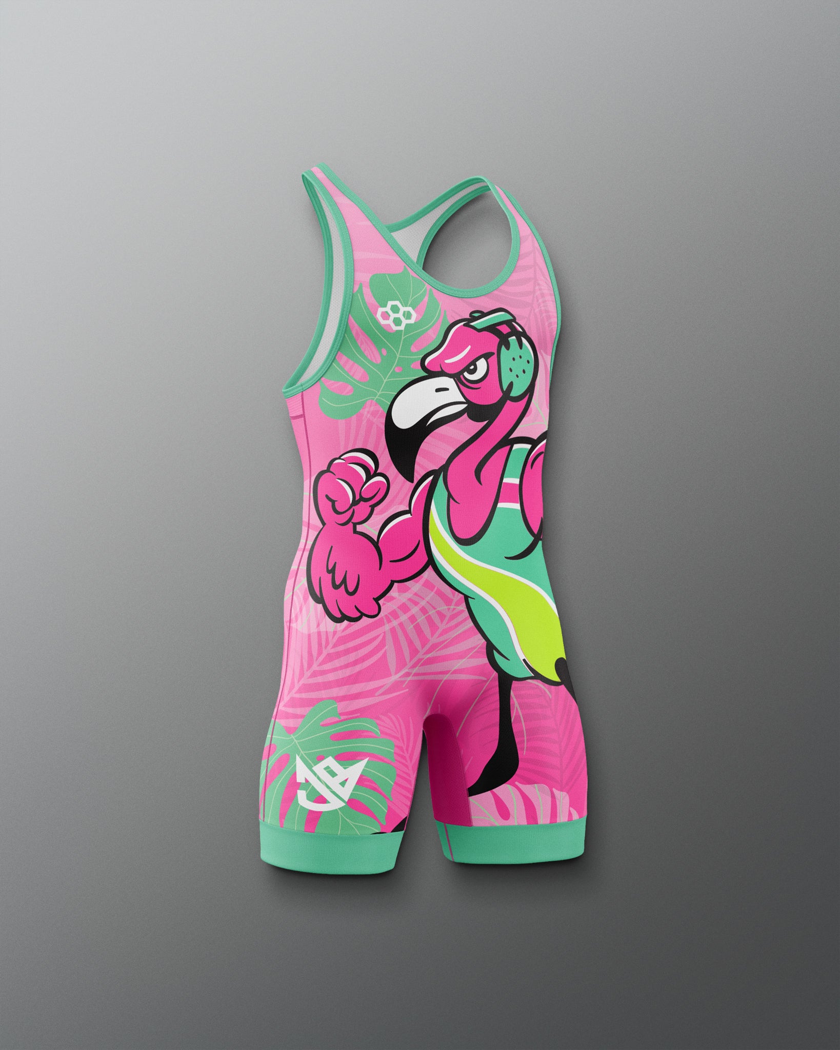 Pink and green wrestling singlet with flamingo design on a gray background