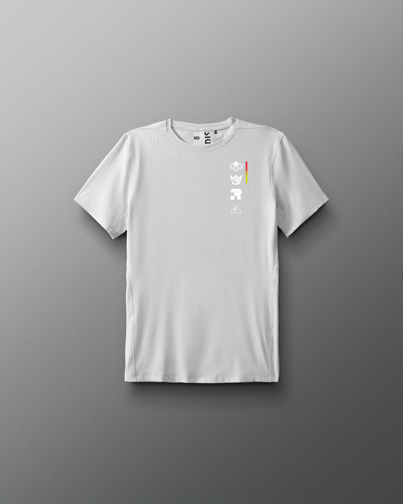 White t-shirt with a logo on a gray background