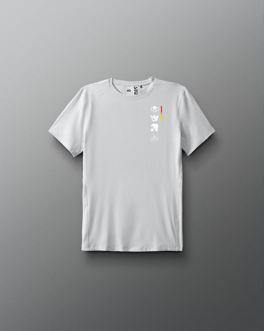 White t-shirt with a logo on a gray background