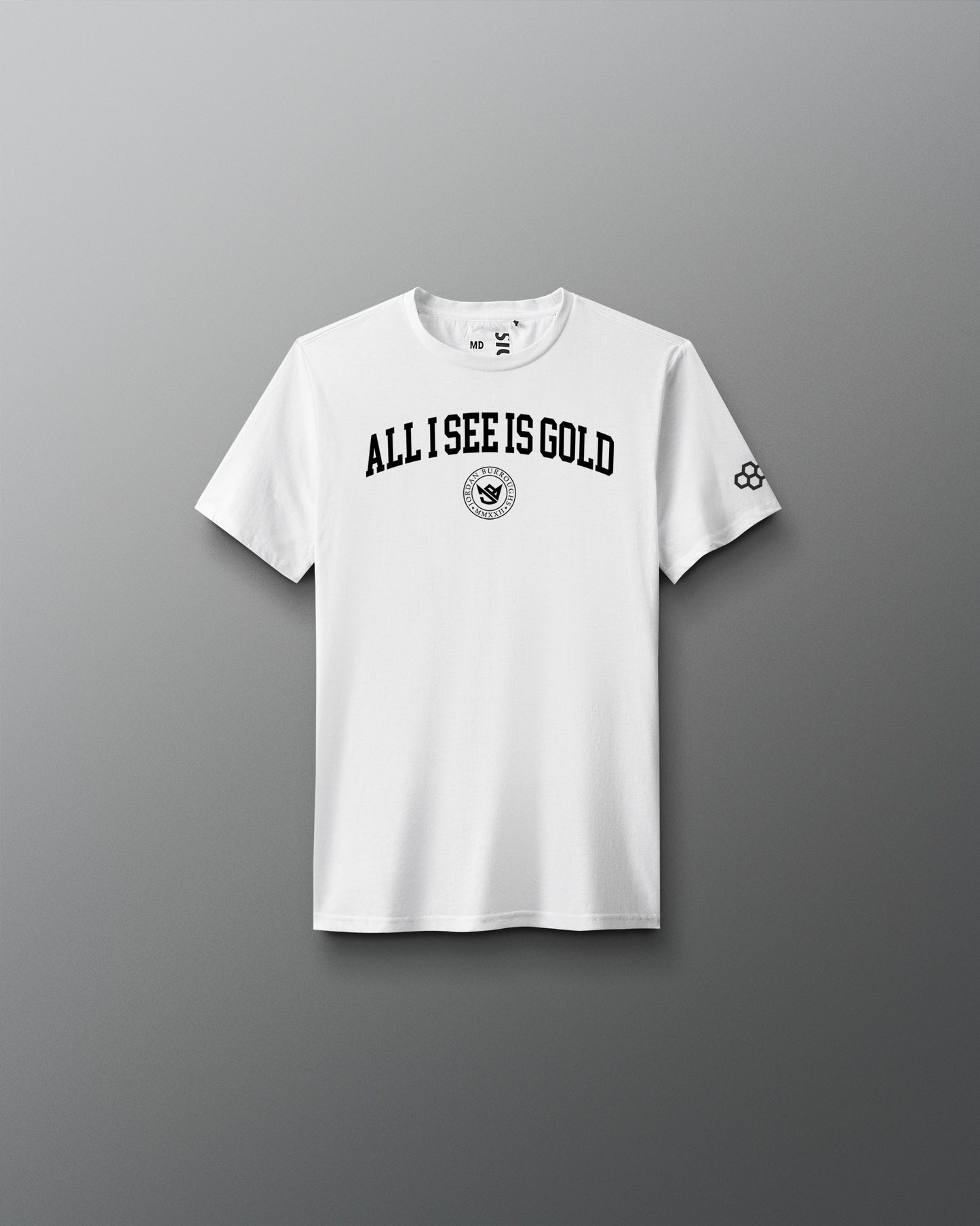 White t-shirt with 'All I See is Gold' text on a gray background