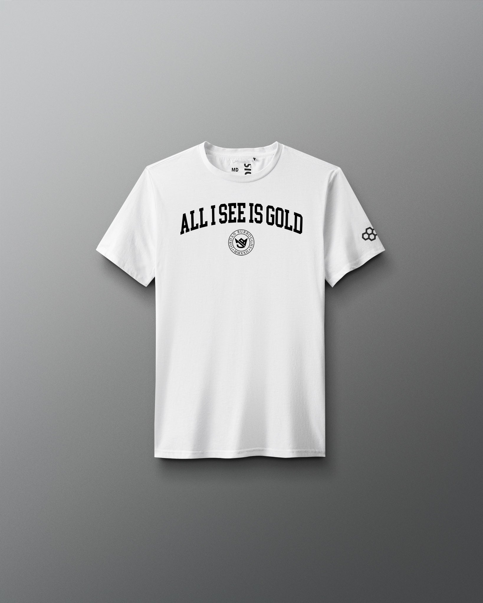 White t-shirt with 'All I See is Gold' text on a gray background