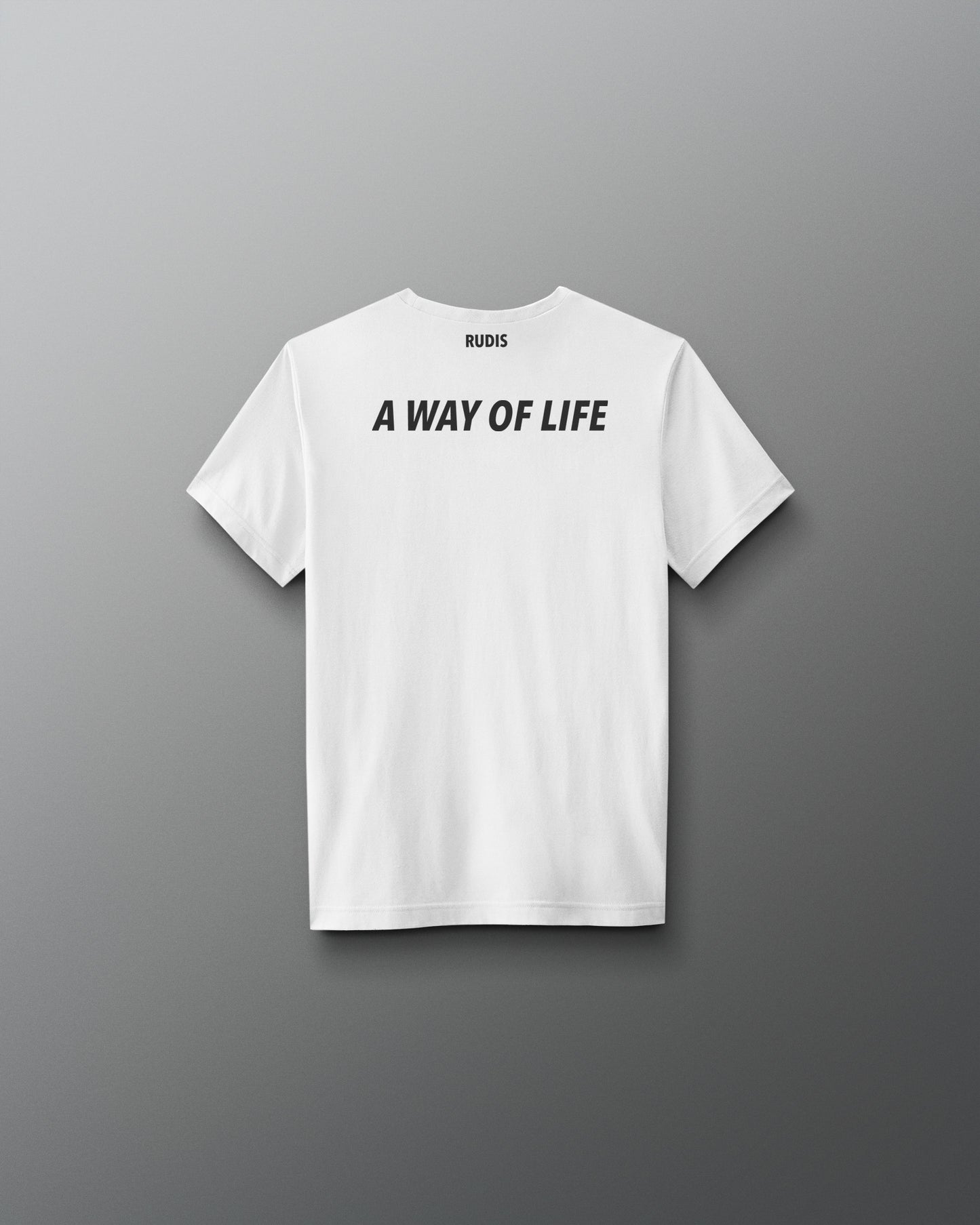 White t-shirt with 'A Way of Life' text on the back against a gray background
