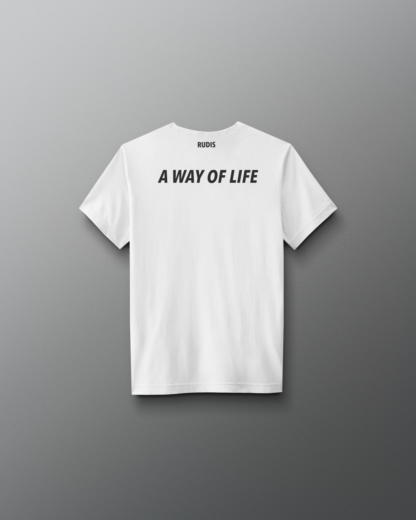 White t-shirt with 'A Way of Life' text on the back against a gray background