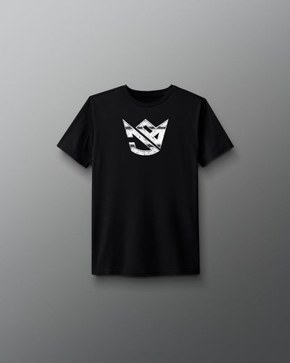 Black t-shirt with a white logo on a gray background