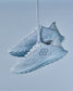 Light blue athletic shoes suspended against a soft blue background featuring a breathable mesh upper and designed for performance