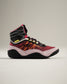 A modern pair of high-top athletic shoes featuring a vibrant red and black design reinforced ankle support and textured grip soles ideal for both performance and style