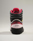 This image depicts the back view of a pair of wrestling shoes featuring a sleek design with a mix of black red and pink colors