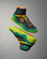 A dynamic pair of high-top athletic shoes featuring a blend of black green orange and yellow colors designed for performance and style