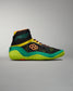 A vibrant high-top basketball shoe featuring a black upper with colorful accents including green orange and yellow designed for performance and style