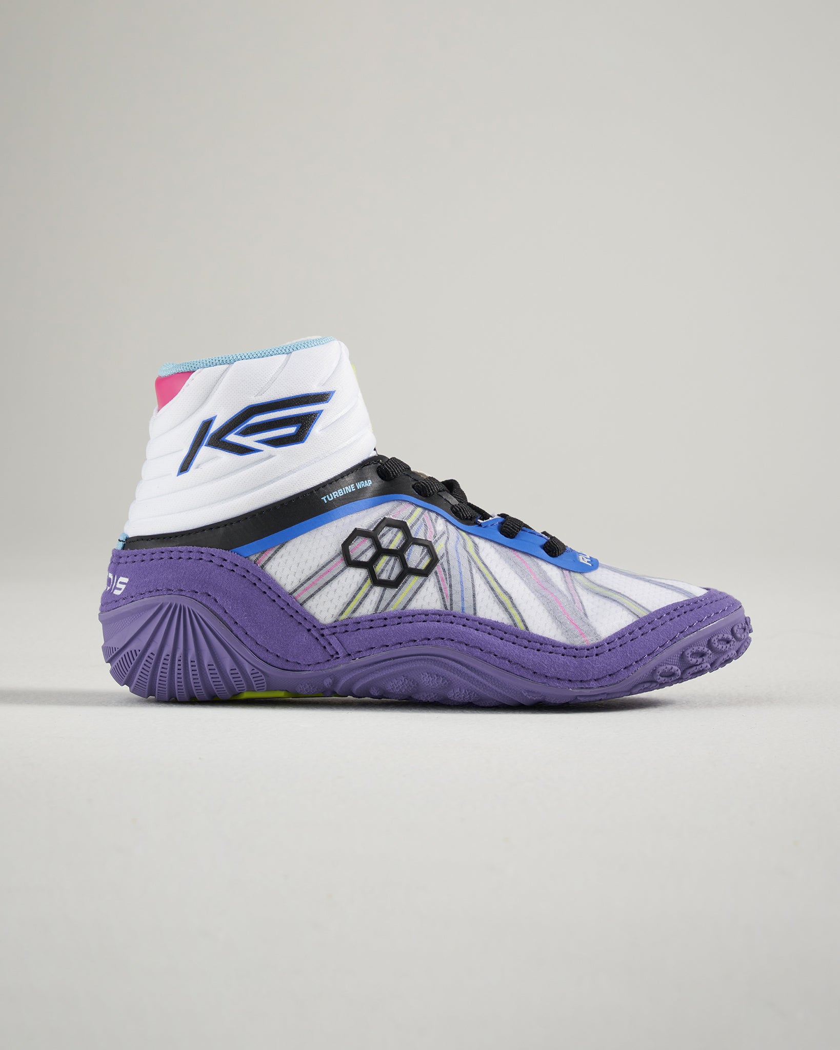 The image features a modern high-top basketball shoe in white and purple with colorful accents designed for performance and style