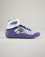 The image features a modern high-top basketball shoe in white and purple with colorful accents designed for performance and style