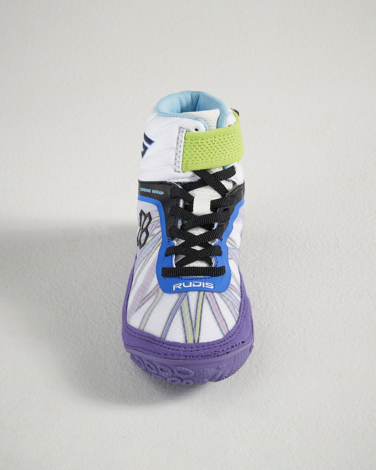 This image features a stylish wrestling shoe showcasing a vibrant design with white blue green and purple tones emphasizing performance and comfort