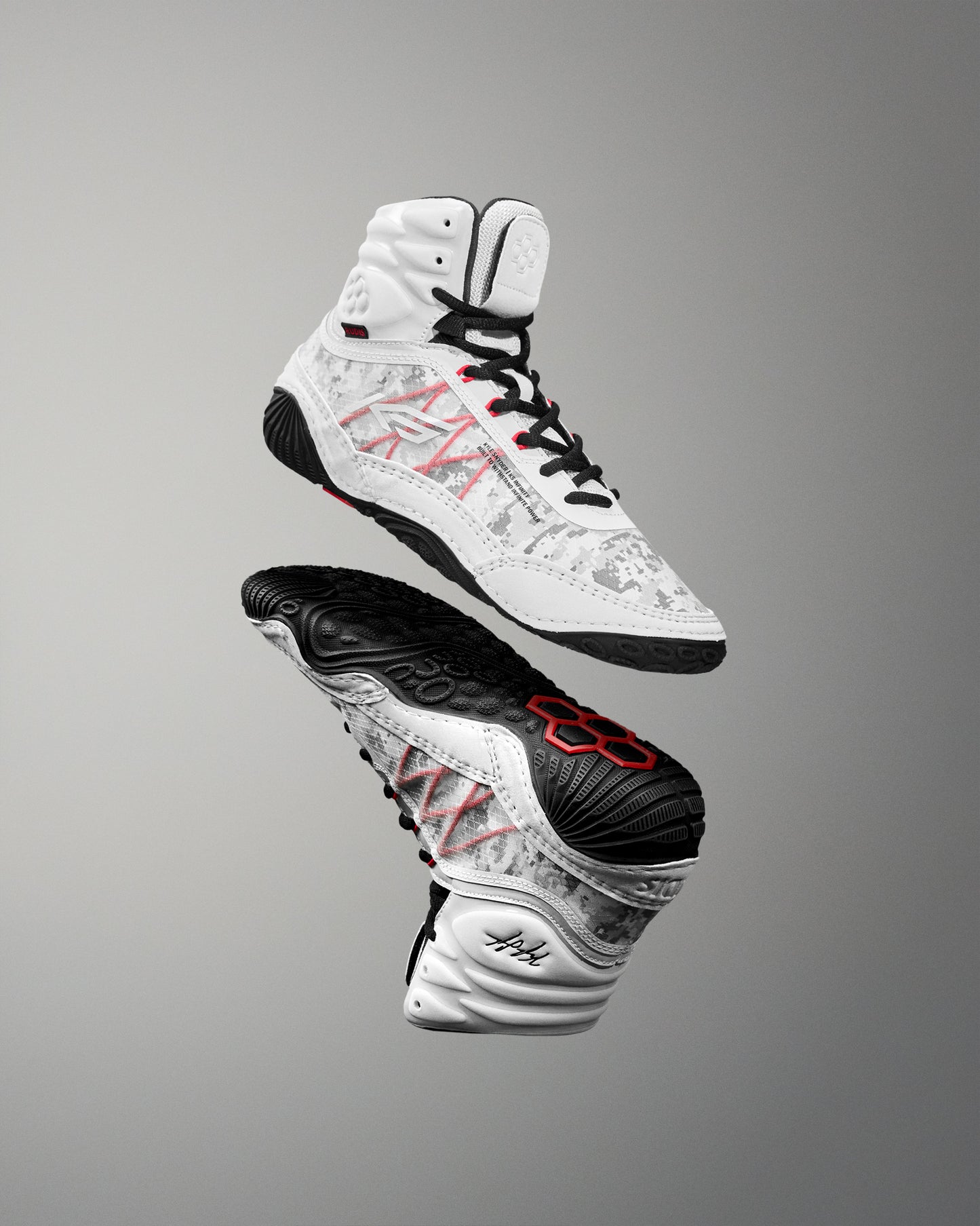 RUDIS tactical gray wrestling shoes with digital camo detailing, black grip sole, and red performance accents