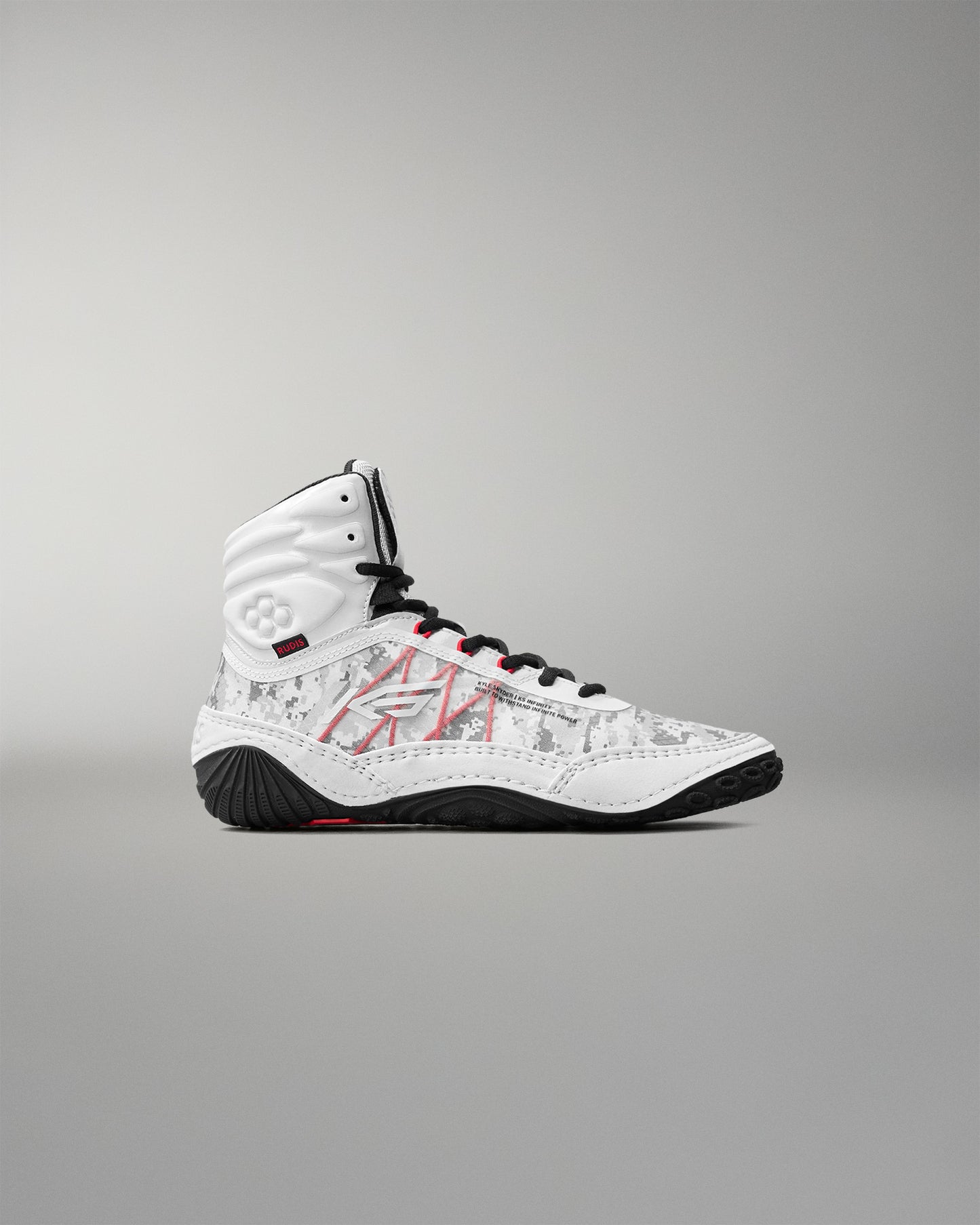 Side profile of RUDIS Infinity Edge wrestling shoe in tactical gray with digital camo detailing and black traction outsole