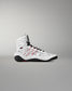 Side profile of RUDIS Infinity Edge wrestling shoe in tactical gray with digital camo detailing and black traction outsole