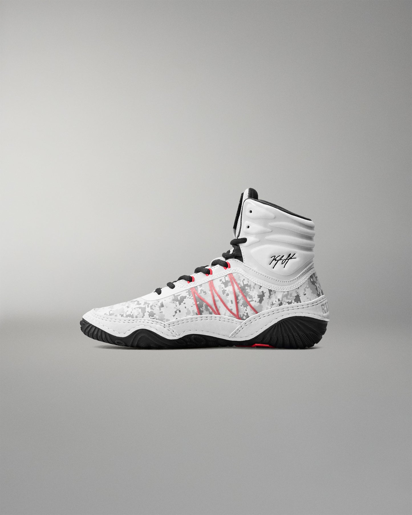 Side view of RUDIS Infinity Edge wrestling shoe in tactical gray with digital camo upper and black traction outsole