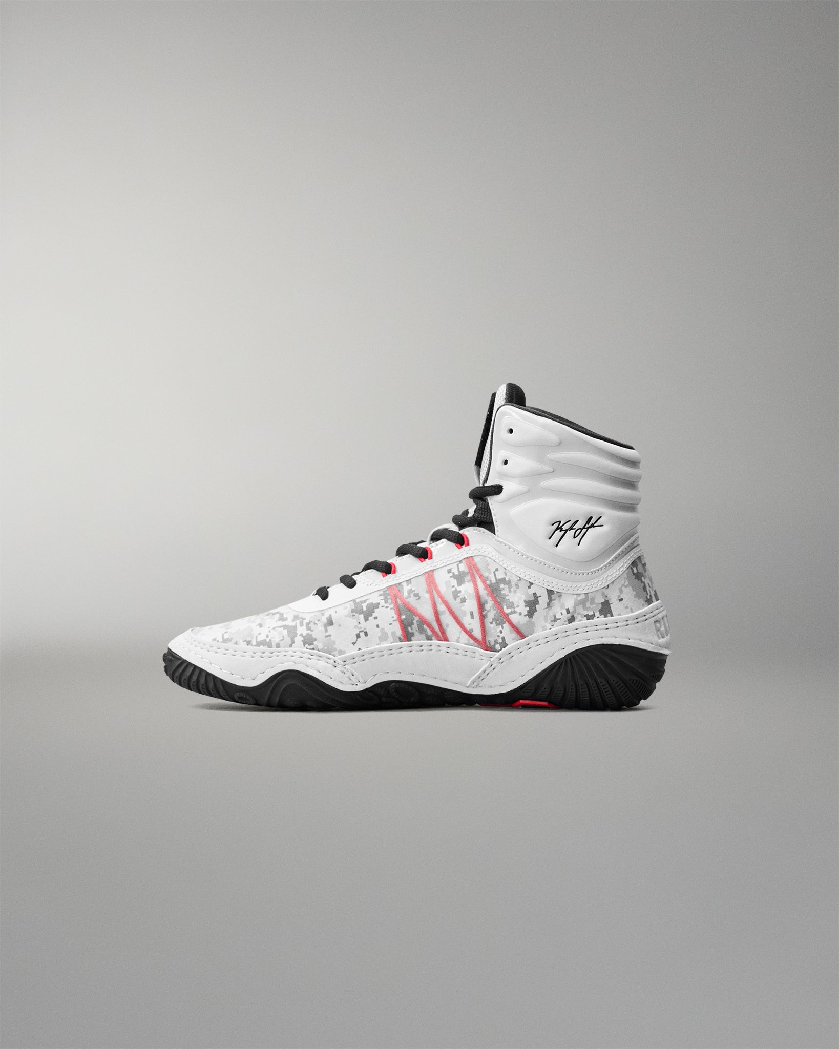Side view of RUDIS Infinity Edge wrestling shoe in tactical gray with digital camo upper and black traction outsole