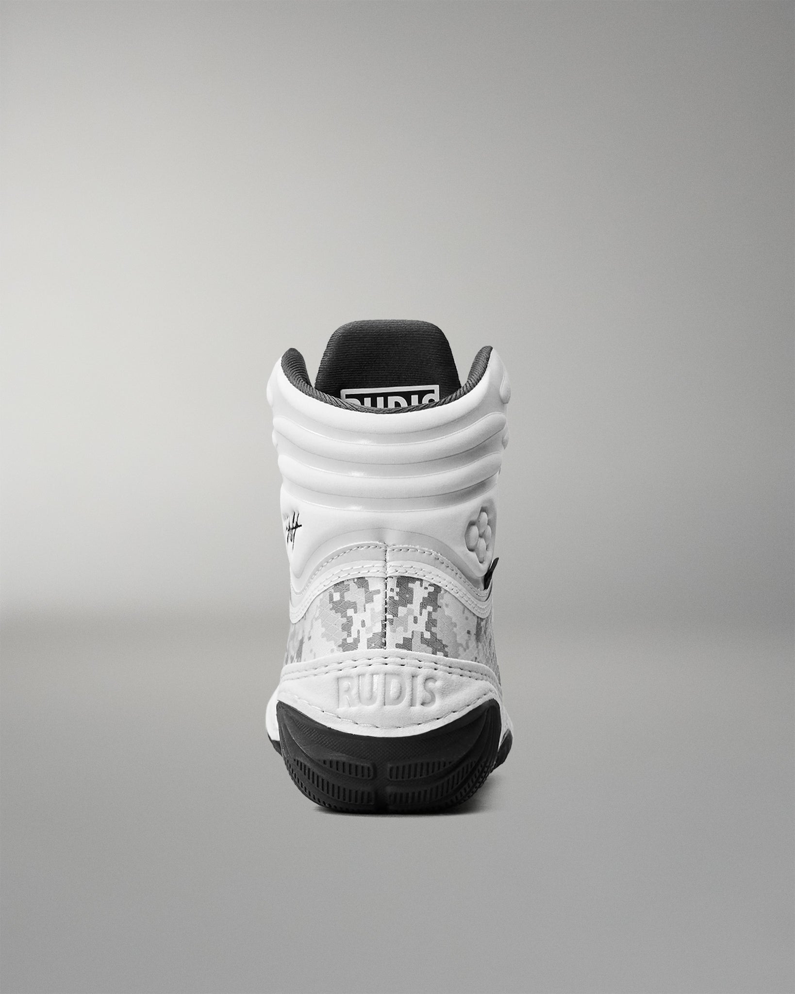 Rear view of RUDIS Infinity Edge wrestling shoe in tactical gray with padded ankle support and durable black outsole