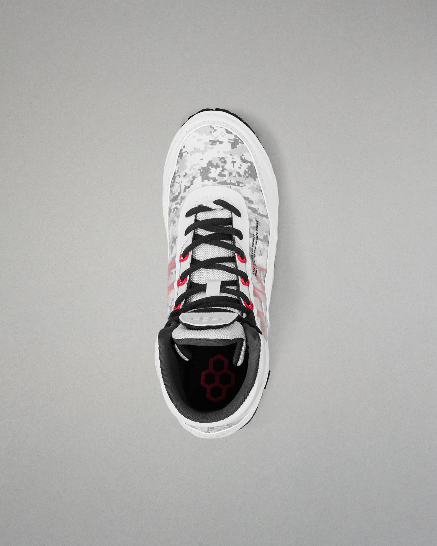 Top-down view of RUDIS Infinity Edge wrestling shoe in tactical gray with black laces and red performance eyelets