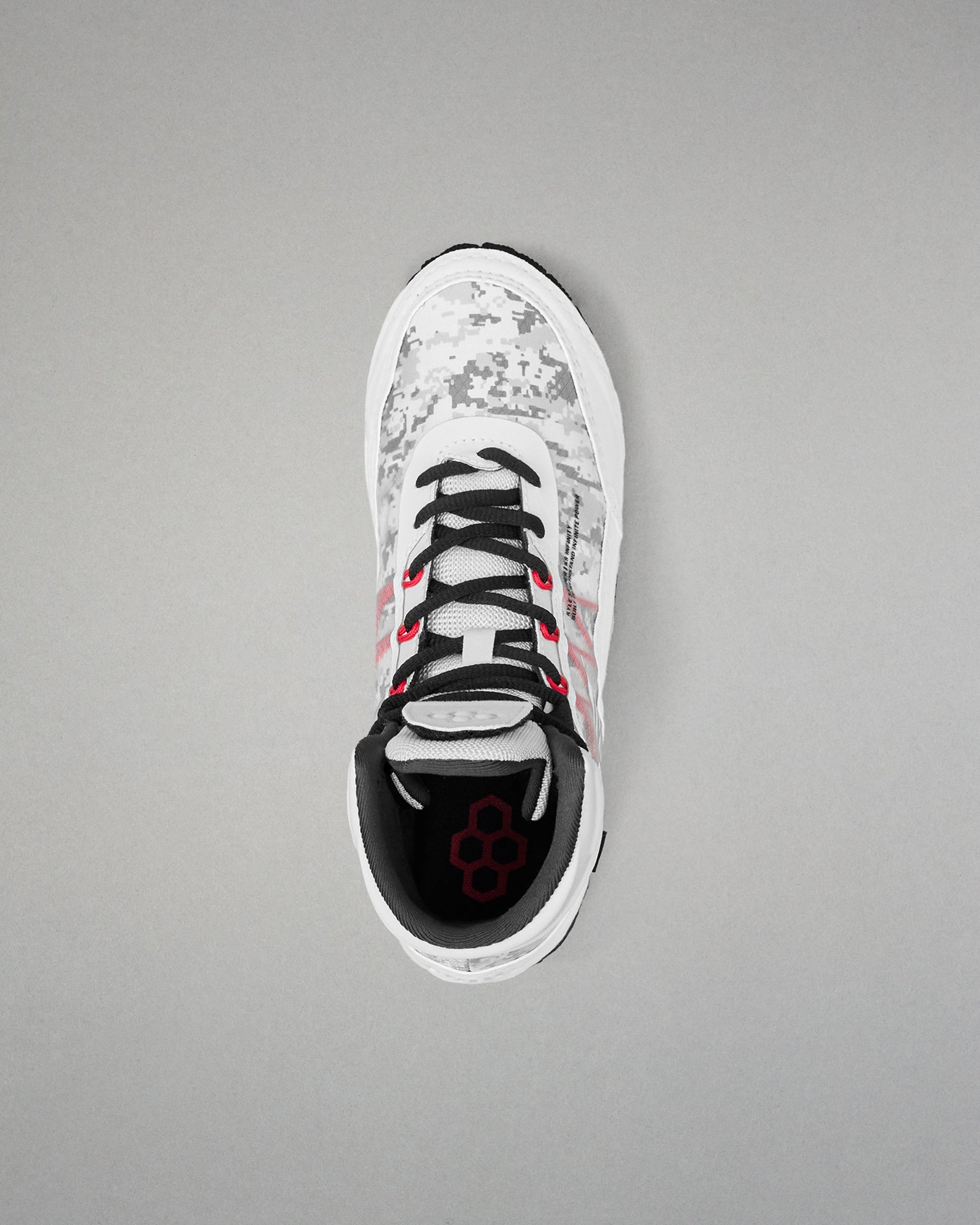 Top-down view of RUDIS Infinity Edge wrestling shoe in tactical gray with black laces and red performance eyelets