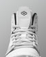 White wrestling shoe with black accents on a gray background