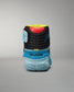 A rear view of a sleek black and blue athletic shoe featuring a textured sole and vibrant accent colors