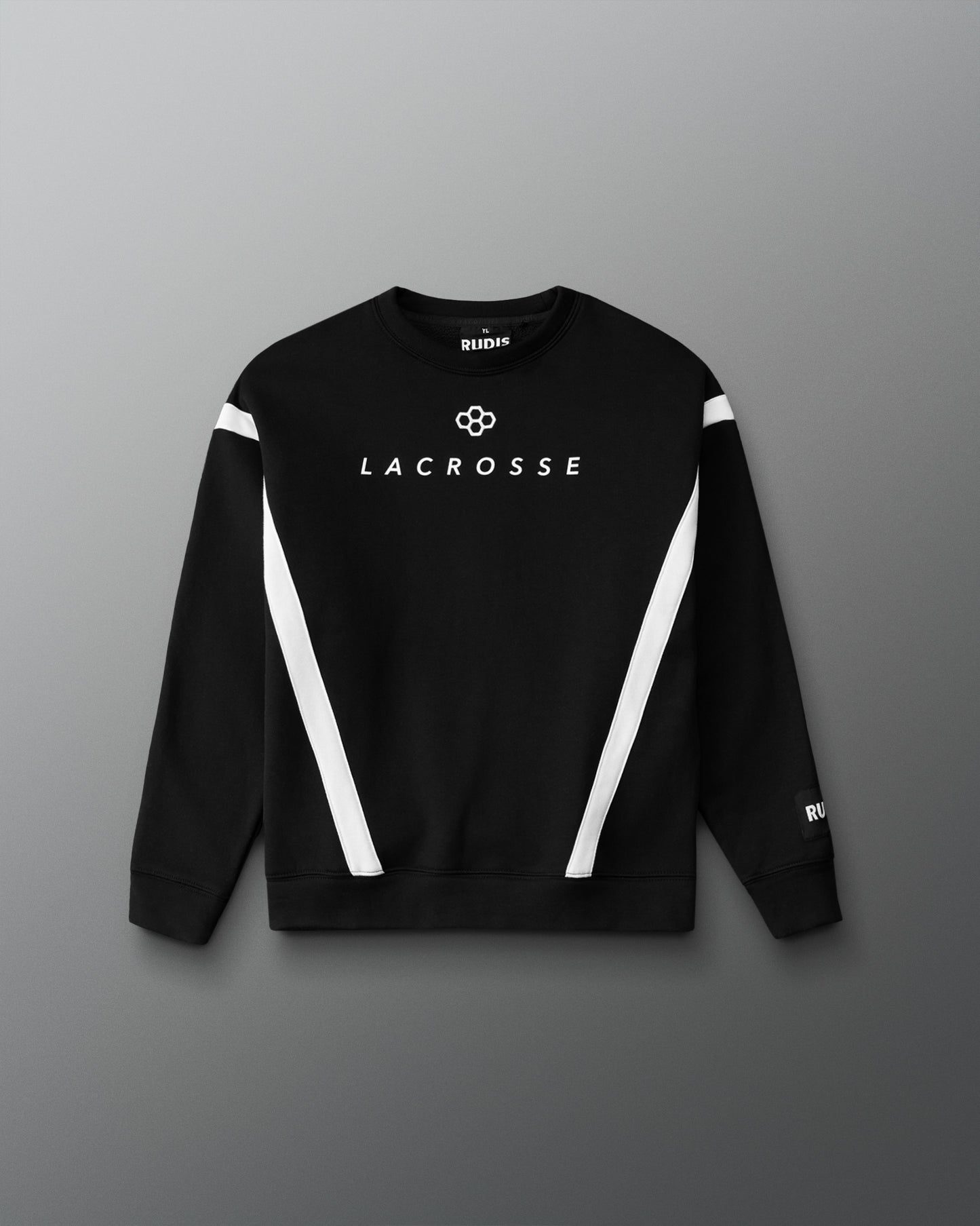 Black sweatshirt with white accents and 'Lacrosse' text on a gray background
