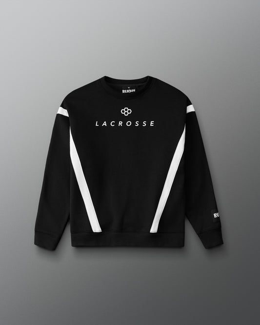 Black sweatshirt with white accents and 'Lacrosse' text on a gray background