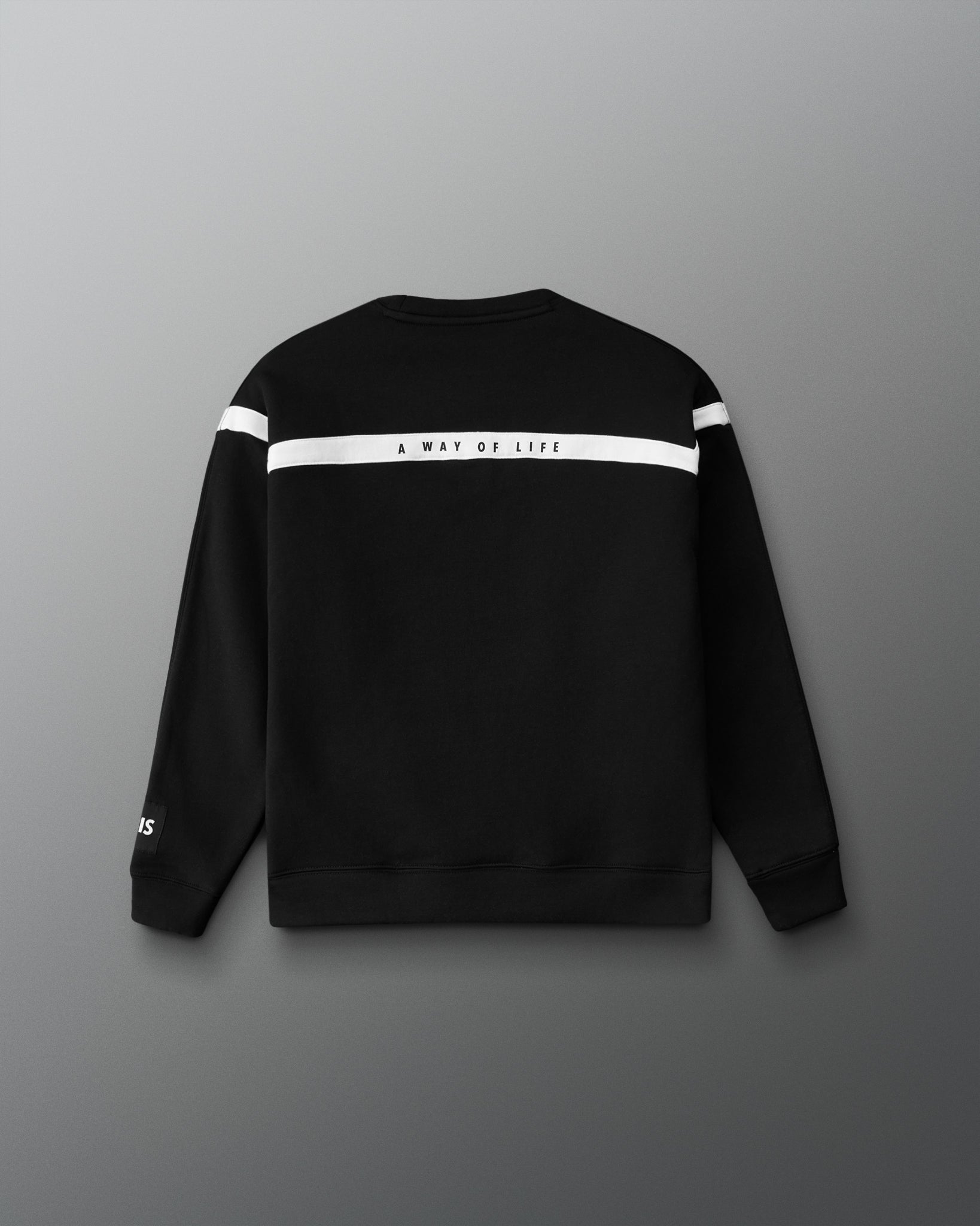 Black sweatshirt with white stripes on a gray background