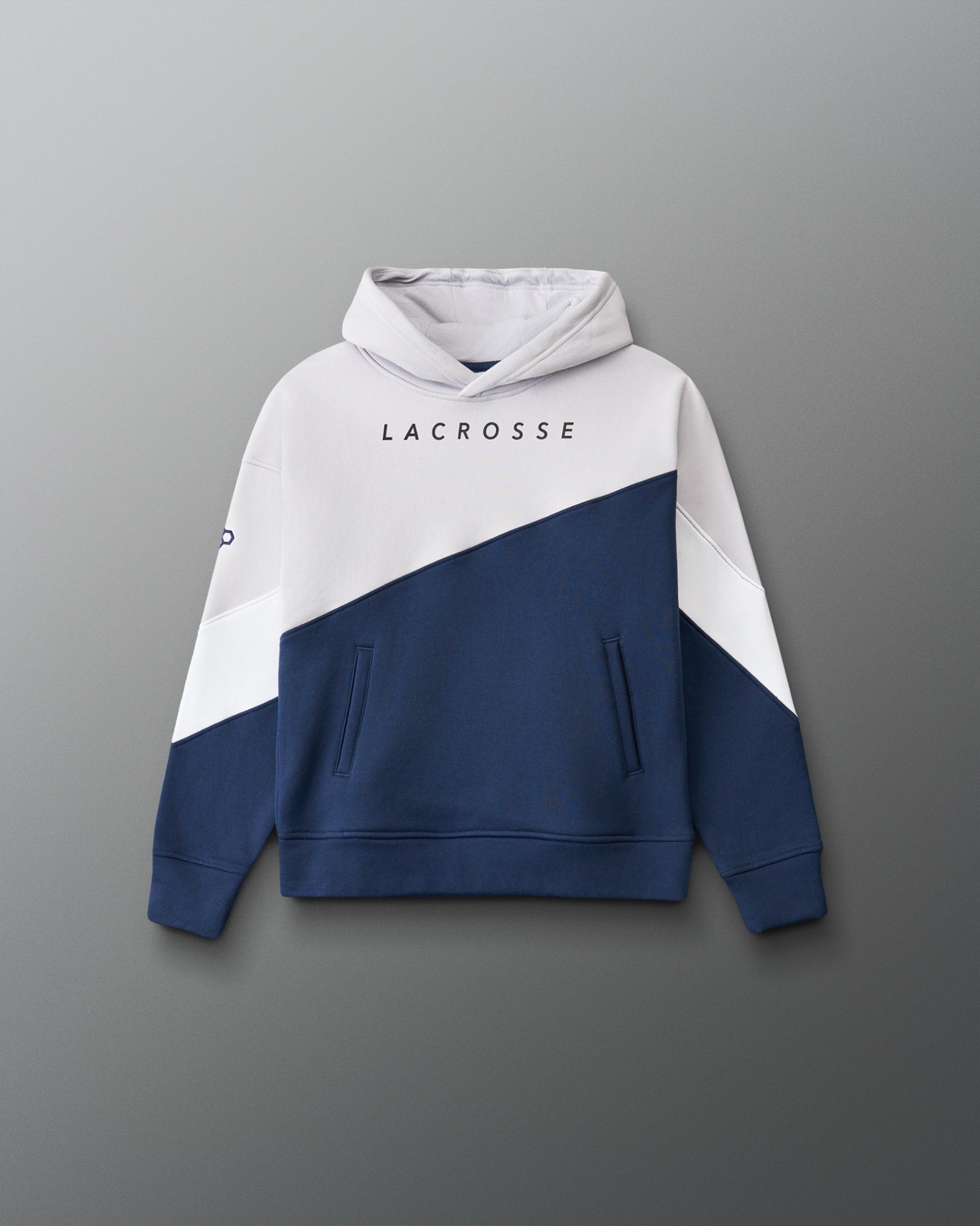 Two-tone hoodie with 'Lacrosse' text on a gray background