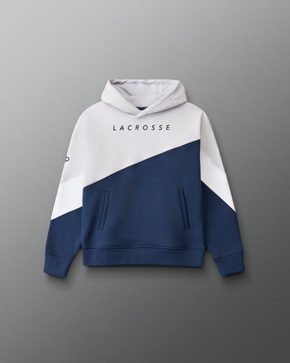 Two-tone hoodie with 'Lacrosse' text on a gray background