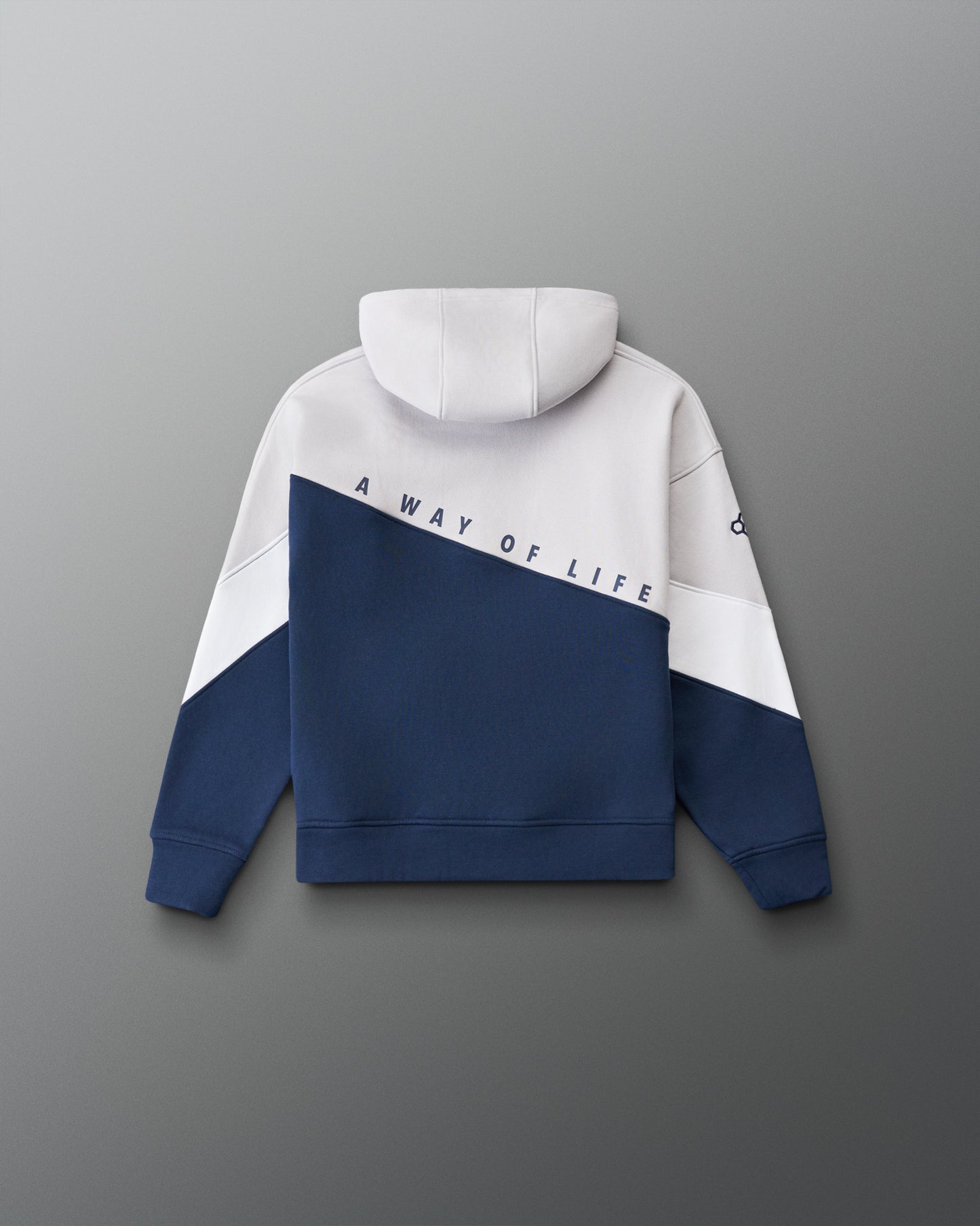 Navy and white hoodie with 'A Way of Life' text on a gray background
