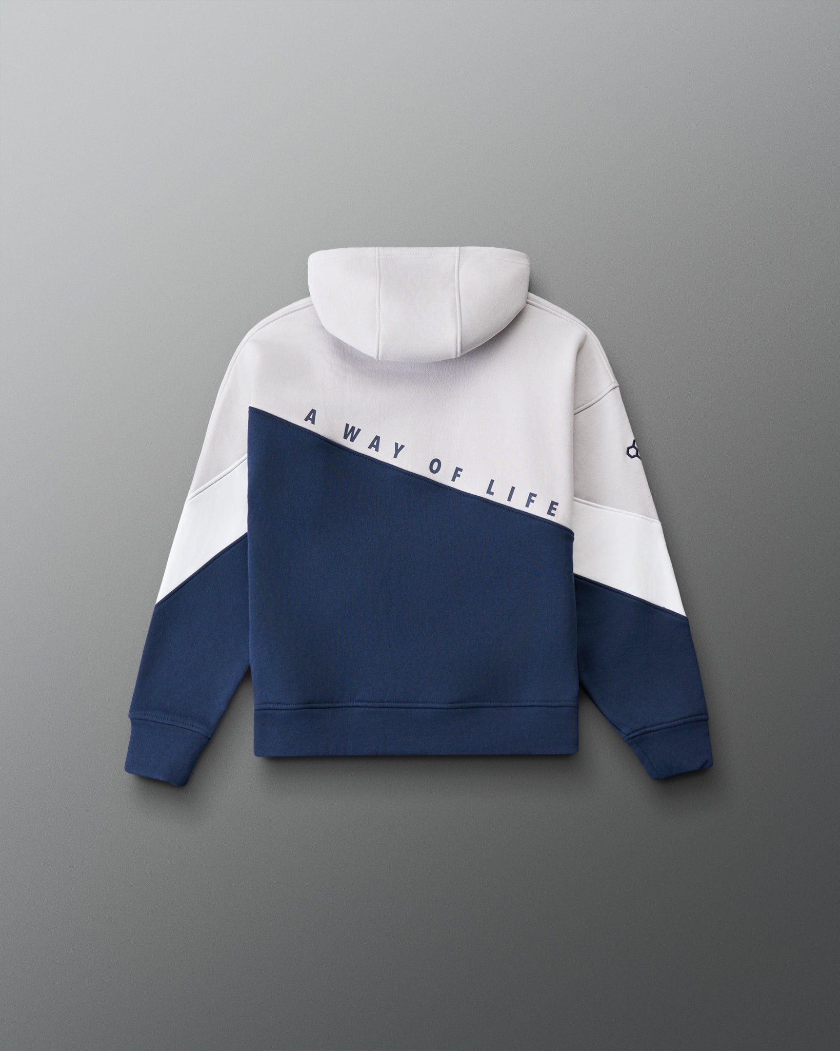 Navy and white hoodie with 'A Way of Life' text on a gray background