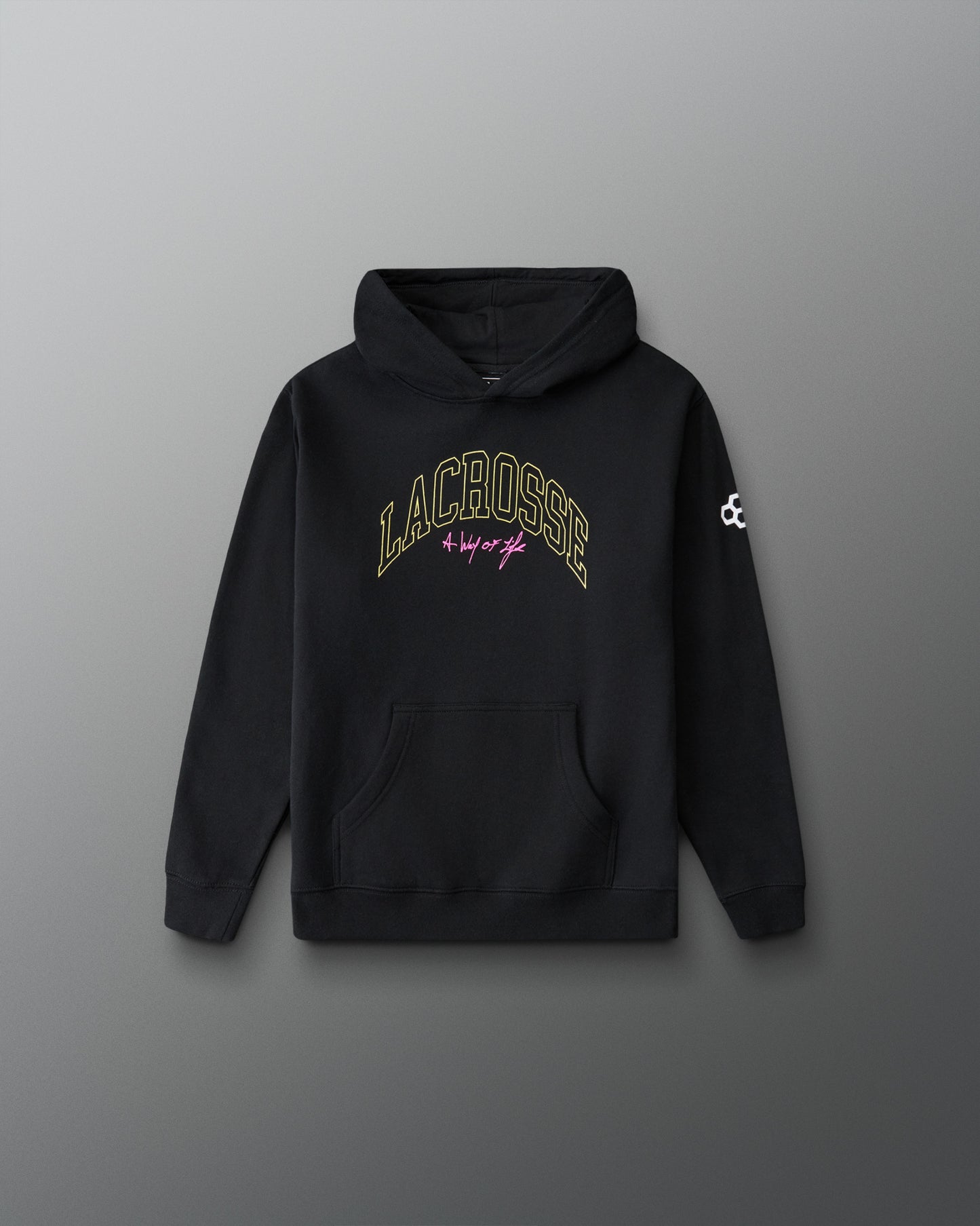 Black hoodie with 'Lacrosse' text on a gray background