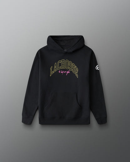 Black hoodie with 'Lacrosse' text on a gray background