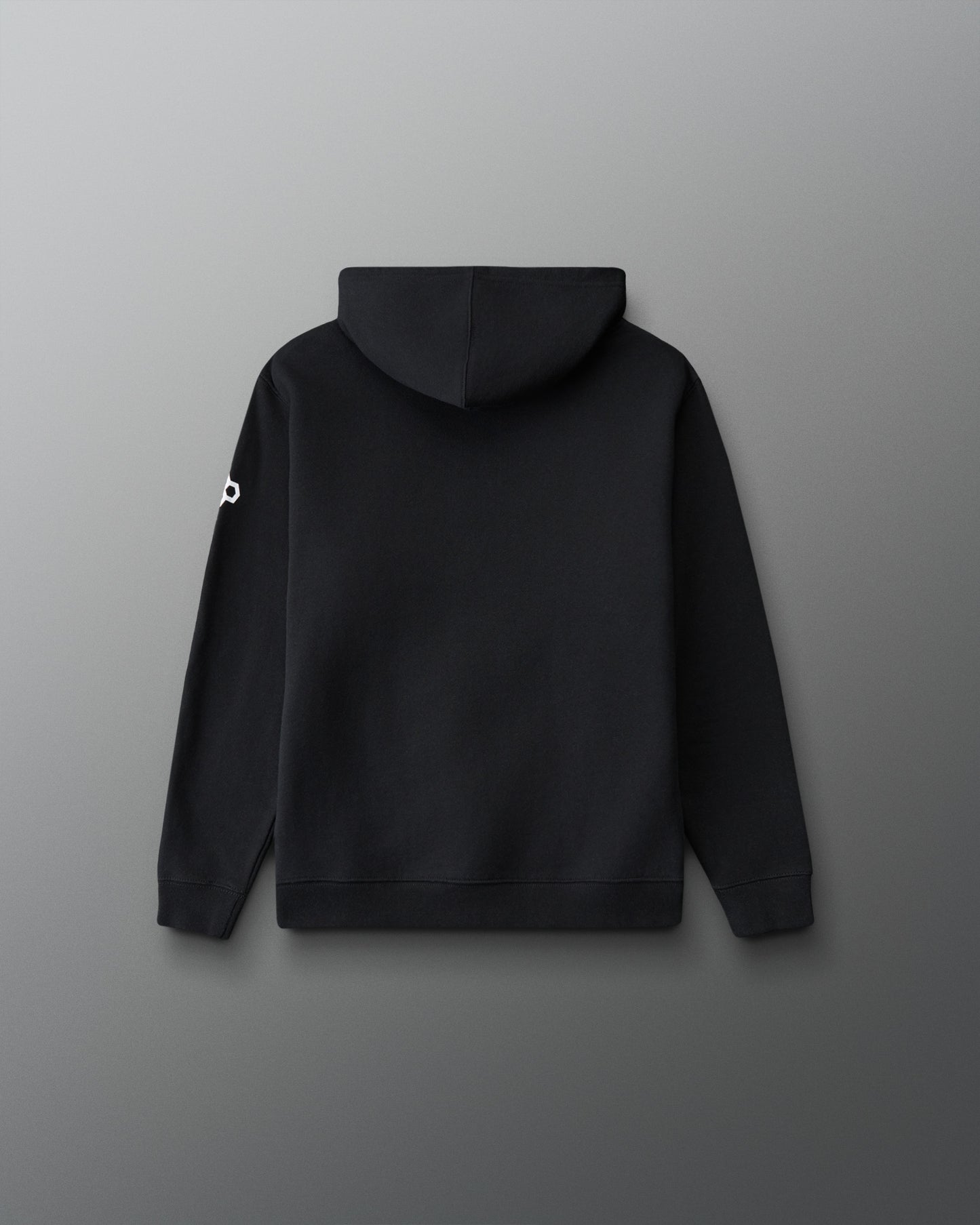Black hoodie with a brand logo on the back against a gray background