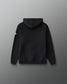 Black hoodie with a brand logo on the back against a gray background