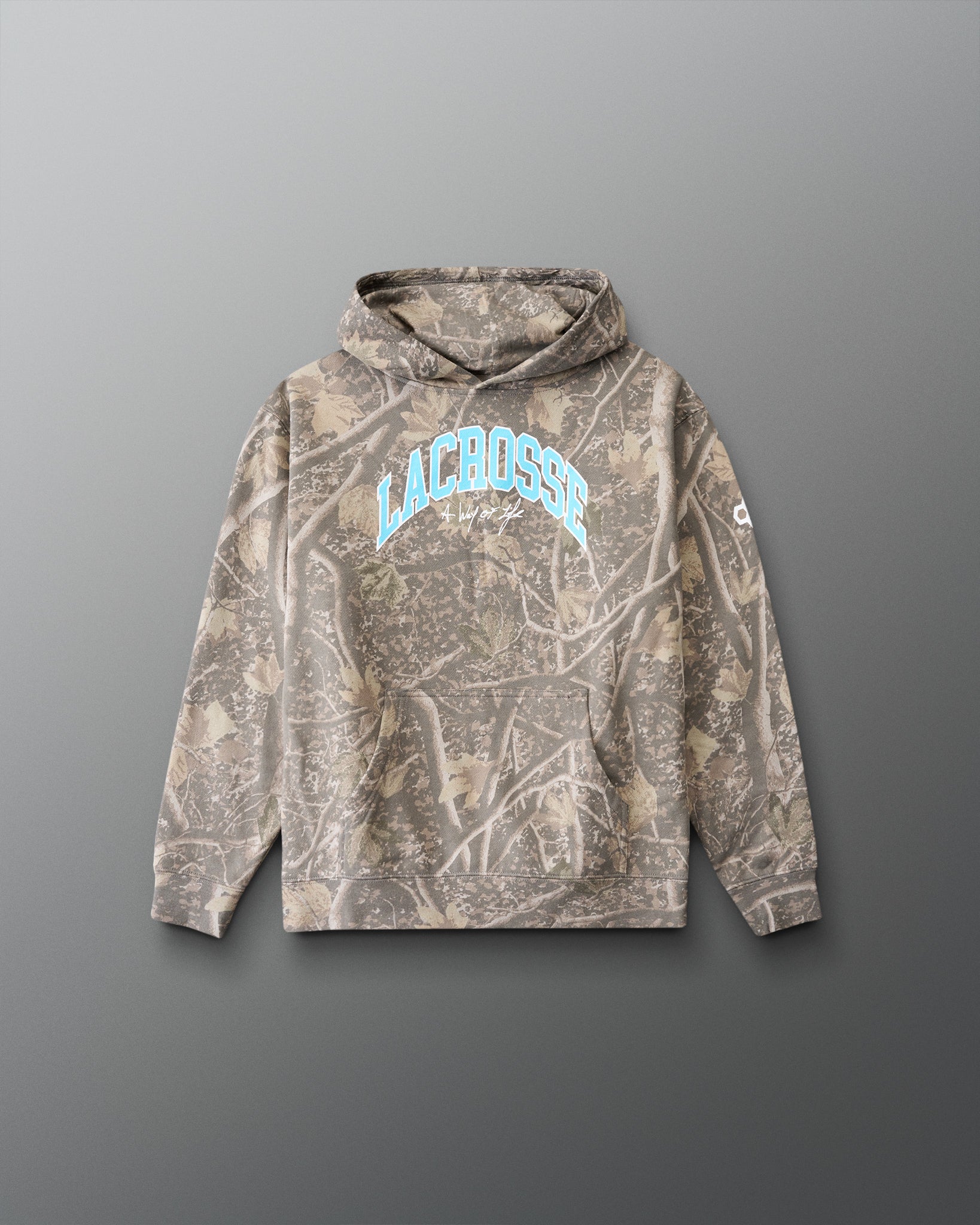 Camouflage hoodie with 'Lacrosse' text on a gray background