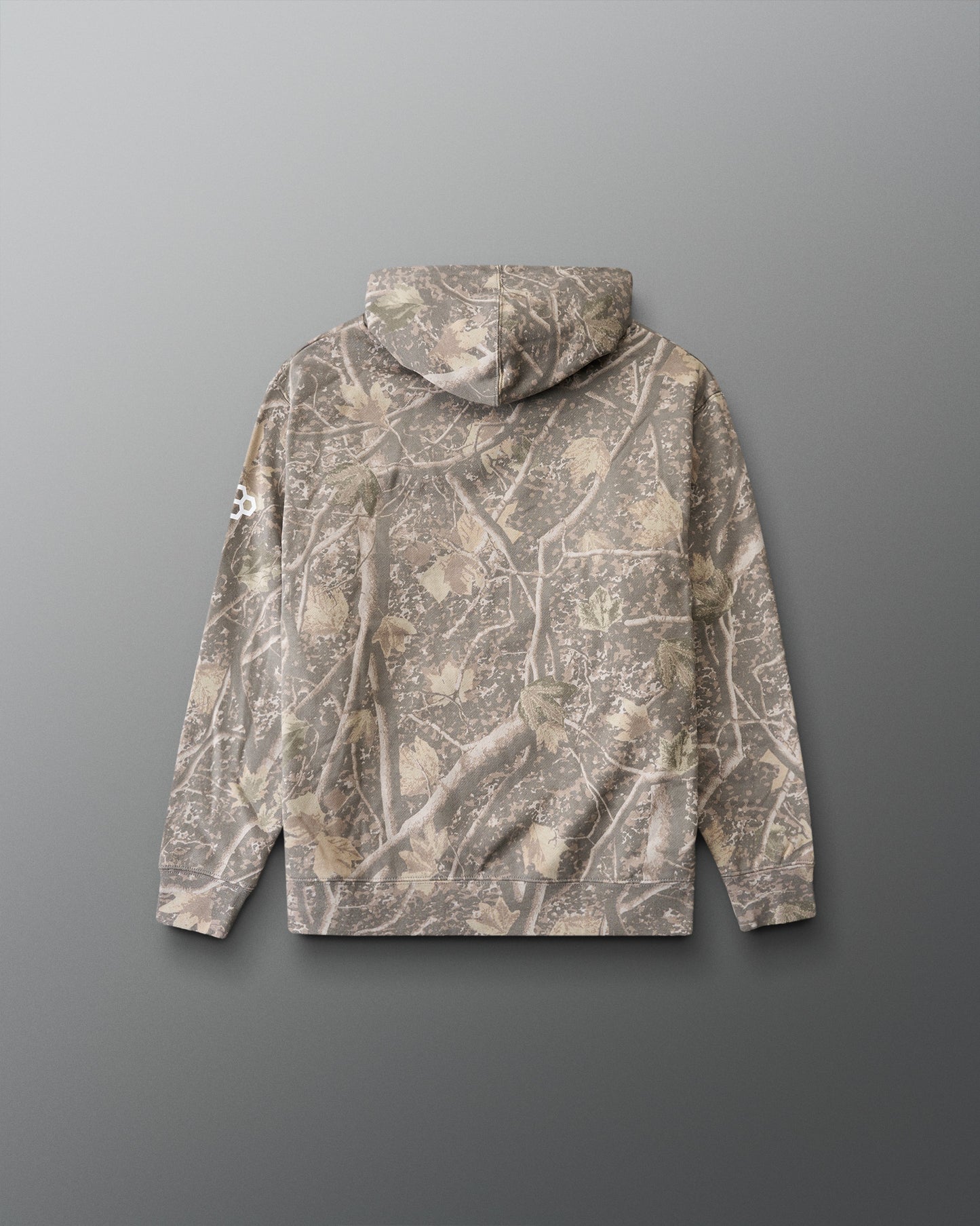 Camouflage-patterned hoodie on a gray background
